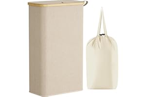 ‎LIFEWIT Lifewit 75 L slim kosz na pranie z pokrywką, wąski kosz na pranie z wyjmowaną torbą i bambusowymi uchwytami, składany kosz na brudne ubrania do sypialni, łazienki, akademika, pralni, Beżowy