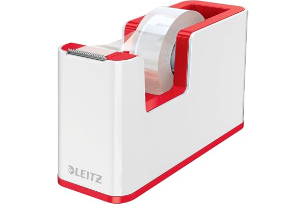 Leitz WOW - Dévidoir à Scotch, avec Base Lestée Antidérapante & Rouleau d'Adhésif Inclus, Coloris Blanc/Rouge (53641026)