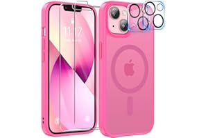 YisrLery 5-in-1 iPhone 13 Hülle für Mag Safe mit 2 Stück Panzerfolie und 2 Stück Kameraschutz Militärnorm Schutz, PC Kratzresistente Rückseite TPU Bumper Magnetische Hülle 6,1'' (Leuchtendes Rosa)