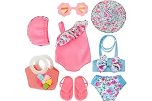 IHLOOTD Doll Swimsuit Set, 8-Piece Summer Doll Accessory Set with Sunglasses, Flip Flops and Handbag, Swimming Set for Dolls 18 Inches, Dolls Clothing Outfits, for 35-45 cm New Born Baby Dolls
