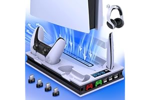 HEYLICOOL Accessories for PS5 Stand Cooling Fan Dual Controller Charging Station support Playstation 5 Disc Digital Editions, 3 Level Cooling Fan, Headset holder, 3 USB Hub,Media Slot