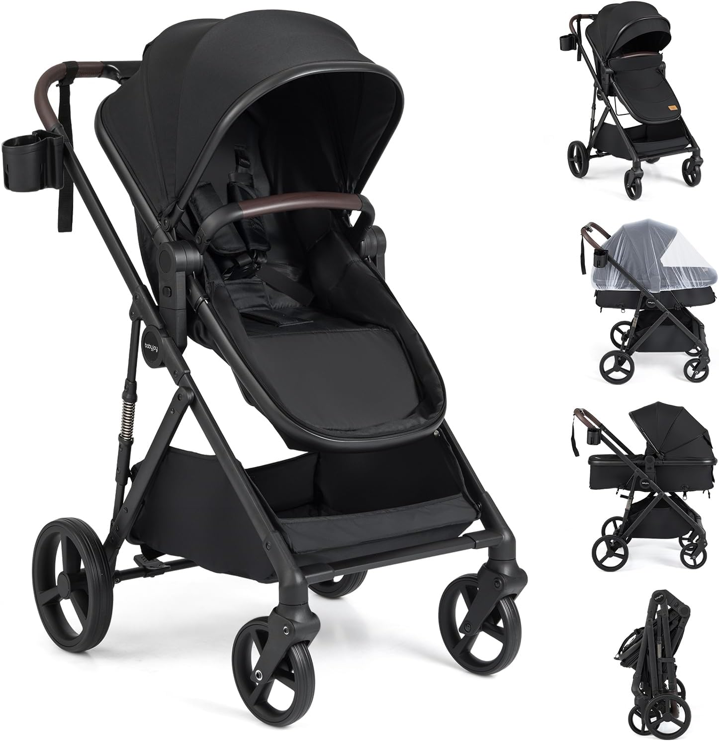COSTWAY 3 in 1 Baby Stroller, Foldable Travel System Pram with Reversible Seat, Adjustable Canopy & Backrest, Mesh Net, Storage Basket, Lightweight Infant Newborn Pushchair for 0-36 Months (Black)