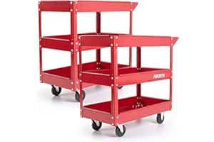 Arebos Lot de 2 Chariots d’Atelier avec 3 Étagères | Structure Robuste en Acier | Capacité Jusqu’à 120 kg | Chariot Mobile pour Atelier, Garage et Bricolage