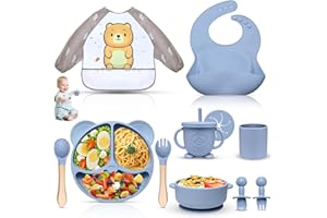 Dazhtu Set Pappa Svezzamento, 11 Pezzi Svezzamento Set Silicone Piatto per Bambini con Ventosa Ciotola Cucchiaio Tazza Bavaglino,Training Esercitarsi A Mangiare Da Soli, Set di Posate,Senza BPA(Blu)