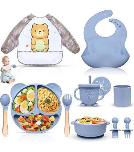 Dazhtu 12-delig babyservies van siliconen, servies voor baby's met zuignap, babybord met zuignap, waterdicht, babybestek, educatief speelgoed om te spenen, blauw Dazhtu 12-delig babyservies van siliconen, servies voor baby's met zuignap, babybord met zuignap, waterdicht, babybestek, educatief speelgoed om te spenen, blauw