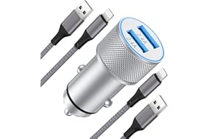 ARCCRA Ładowarka Samochodowa iPhone 2-Portowa i 2 Kable Lightning, Ładowarka USB do Zapalniczki Samochodowej 12W (5V2,4A) z Kablem Nylon 1m, Gniazdo USB 12V/24V, Kompatybilna z iPhone'em, iPad'em itp.