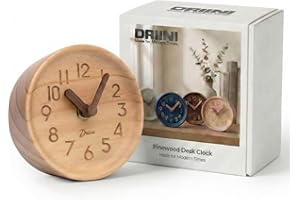 Driini Wooden Analog Desktop Clock – 4.3 in. Decorative Pinewood Clock, No-Tick Design – Easy to Read Silent Sweep Mantle Clock – Quiet Tabletop Clocks with Wood Body, Hands, & Battery Cover; Light