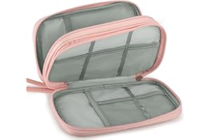 Teskyer PU Leather Cable Organiser Bag, Portable Double Layer Travel Tech Pouch, Electronics Accessories Organiser Bag for Travel Essentials, Pink