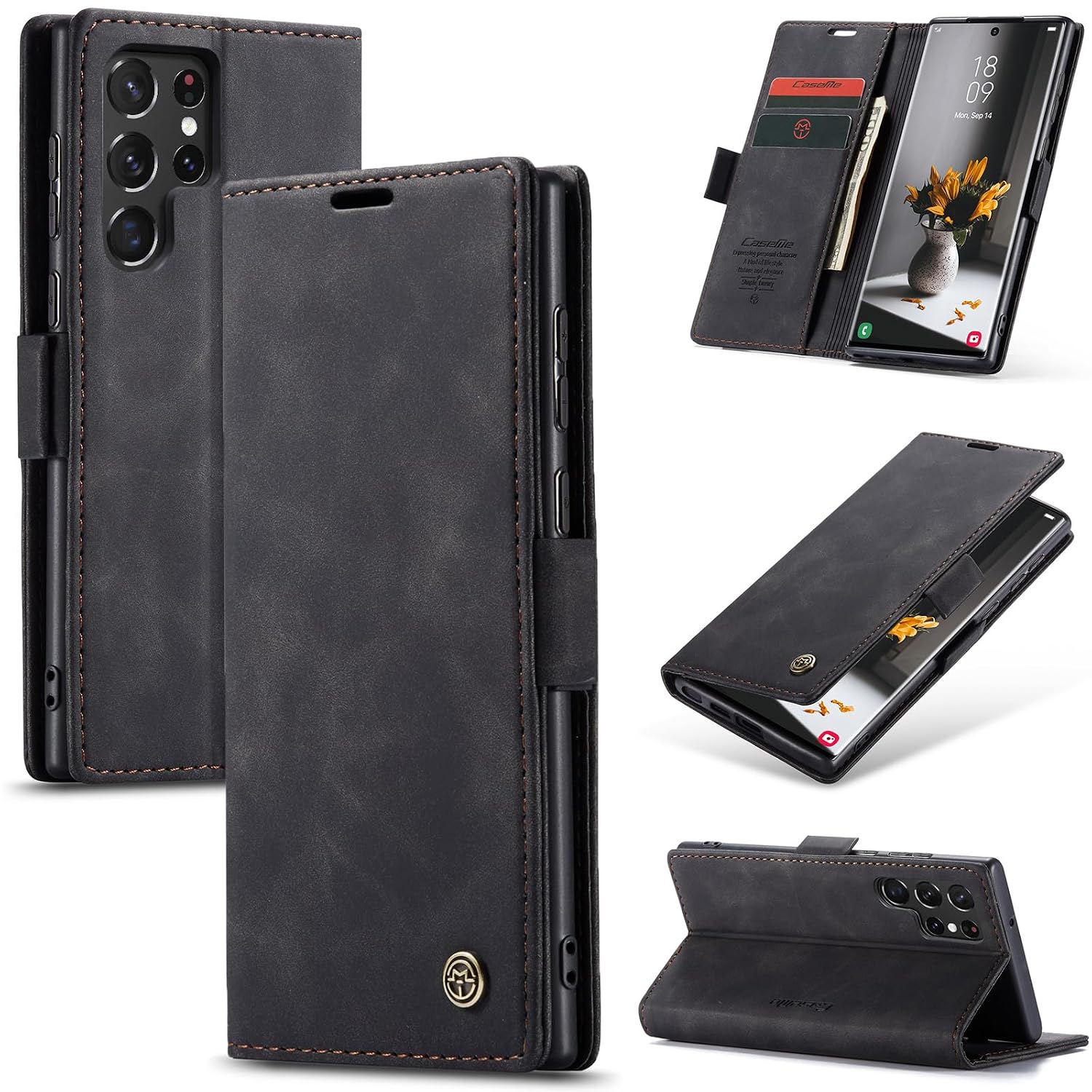 Azororo Beschermhoes voor Samsung Galaxy S22 Ultra 5G, premium lederen beschermhoes, portefeuille, flip case, magneetsluiting, beschermhoes voor Samsung Galaxy S22 Ultra, zwart