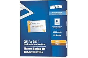 Mifflin Nametag Refills for Badges 90mm x 60mm (120 Cards, 8 per Sheet), Printable Paper Name Inserts for Laser and Inkjet Printer