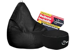 Diverpuff Puff Pera XXL Negro Exterior con Reposapiés y Relleno Incluido Ultra Cómodo para Leer Jugar o Descansar Ideal para Niños y Adultos Diseño Interior Exterior Antiestrés Uso Diario Salón