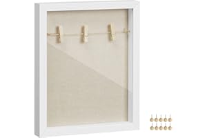 SONGMICS Shadow Box Frame, Picture Frame with Twine, Clothespins, and Stick Pins, for DIY Crafts, Linen Fabric Back, Glass Front, and MDF Border, White RPF007W01