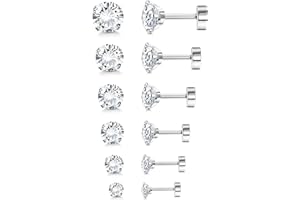 JeryWe 6 paia di orecchini in titanio CZ Orecchini per donne uomini Flatback chirurgico in acciaio inox Orecchini a vite Cartilagine Orecchini ipoallergenici