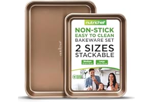 NutriChef Non-Stick Cookie Tray Set- 2-Piece, Easy Clean, Stackable Cookie Sheets, Dishwasher Safe, Oven Safe, PFOA Free, Non-Toxic Bakeware, Perfect for Baking & Roasting- Gold
