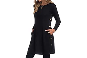 GRECERELLE Herbstkleid Winterkleid Strickkleid Damen Langarm Kleid Tunika Kleid Jumper Kleid mit Knöpfen und Taschen