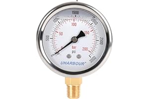UHARBOUR Glycerin Filled Pressure Gauge 3000psi/200bar, Stainless Steel case, Brass Inside Construction, 2-1/2" dial, 1/4"NPT Rear Connection.
