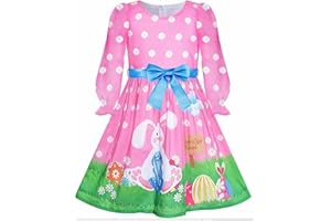 Momkonzz Girls Easter Dress Kids Bunny Dress Children Easter Outfits Toddler Rabbit Printed Clothes 2-10 Years