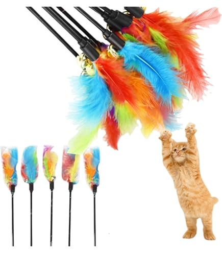 cobee Interactief speelgoed voor katten, 5 stuks kittens speelgoedtoverstaf met klokken en geluid reflecterende papieren kwastjes voor binnen, kleurrijke linttraining, sporter en