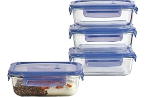 PAŞABAHÇE Pasabahce Lockie Lock - Set di 4 Contenitori per Alimenti in Vetro con Coperchio, Taglia M, 640 cc, Adatti al Microonde, Chiusura Ermetica per Conservazione, Organizzazione in Cucina