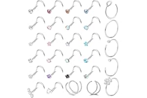 DGUSO 20G Anillos Nariz de Acero Inoxidable, 29 Piezas Piercing Nariz Aro Plata En Forma de L, Pendientes de Plata para Nariz Anillos Juego de Aros L, Joyas Tornillo Nariz Acero Inoxidable