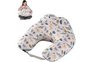 SHANNA Cojín de Lactancia para Bebés: 100% Algodón, Cojín de Lactancia en Forma de U, Cojín de Embarazo Ergonómico, Cojín de Apoyo para Bebés, Funda Extraíble y Lavable (Azul Hoja)
