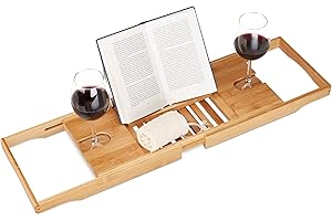 Relaxdays Extendable Bathtub Caddy, Bamboo Bathroom Rack with Bookstand, Cup Holder, Adjustable 70 - 105 cm, Natural