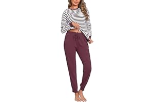 Bresdk Pijamas Mujer Invierno Algodon Rayas Pijama Largo Manga Larga Ropa para Dormir Tallas Grandes