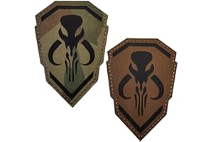 OHRONG Lot de 2 écussons réfléchissants IR, motif tête de mort mandalorien, mythosaure, chasseur Boba Fett, bouclier, étoile tactique militaire de guerre (CP + Marron)