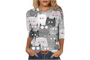 AMHOMELY Christmas Tops for Women UK Sale Clearance Ladies Spring Blouse Christmas Printed Mid-Length 3/4 Sleeves O-Neck Casual Tee Tops T-Shirt Vintage for Work Officce