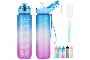 AOHAN Butelka na wodę ze słomką 1 l, sportowa, z oznaczeniem czasu, nietoksyczna, plastikowa, PCTG szczelna, motywacyjna, ze szczotką do czyszczenia, do aktywności na świeżym powietrzu