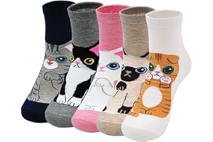 ZFSOCK Chaussettes Femme Fantaisie Coton Motif à Animaux Chat Chien Aliments Peinture Mignon Drôle Chaussette Doux pour Filles, EU 35-42, 5 Paire,Multicolore