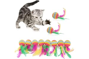 MEISO 10 Stück Katzenspielzeug, Bälle mit Feder, Regenbogen-Katzenbälle, Spielzeug, interaktives Kätzchenspielzeug, bunte Bälle für den Innenbereich, Kätzchen, Kautraining, Jagd