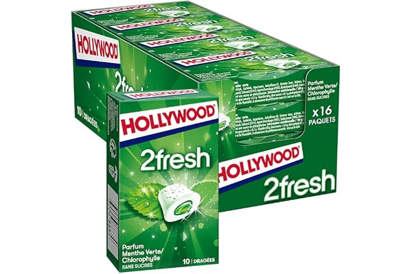 Hollywood Chewing Gum 2 Fresh - Parfum Menthe Verte Chlorophylle - Sans Sucres avec Édulcorants - Lot de 16 paquets de 10 dragées - 22 g