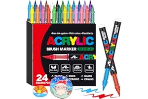 Laconile 24 Colori Pennarelli, Pennarelli Acrilici Brush Pen, Set Pennarelli Ad Acqua, per Colorazione, Calligrafia, Pittura, Legno, Vetro, Tessuti, Sassi，Ceramica.