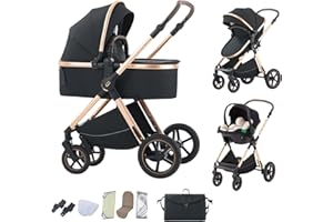 BEBBY Cochecito de bebé 3 en 1，Carrito Bebe 3 en 1 Con Asiento De Auto, Portátil, apoyabrazos ajustables, Carricoche Combinado Paisaje Alto Marco de Aluminio Para Recién Nacido ((D2) Black, H2-D)