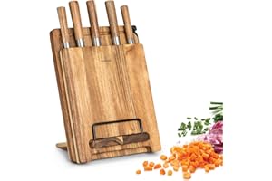 Klarstein Couteau Cuisine, Ensemble de Couteau de Cuisine Professionnel avec Bloc, Set de 8 Couteaux de Cuisine, Support en Bois d'Acacia, Acier Inoxydable