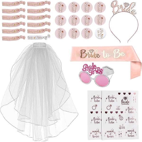 Kit EVJF 31 Pièces Accessoires Future Mariée - Écharpe, Diadème, Voile, Tatouages Et Badges Rose Gold