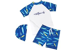 PAEHUIMT Costume Bambino Mare, Maglietta UV，Pantaloncini，Cuffia Piscina, Costumi Squalo 3 Pezzi