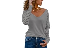 Homlan T-shirt à manches longues, col en V et rayures en mesh, coupe élégante, ample et décontractée, pour femme