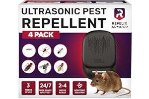REPELIX ARMOUR Indoor Ultrasonic Pest Repeller – Pack of 4 – Covers 140m² per Device – 3 Modes – Repels Mice, Rats, Spiders, Mosquitoes, Ants, Bugs & Flies