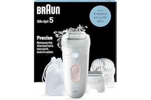 Braun Silk-épil 5 Epilator for Easy Hair Removal, Braun Epilator for Women, Wet & Dry, Lasting Smooth Skin, with Lady Shaver, Trimmer Comb & Exfoliation Brush Heads, 5-060, White/Flamingo