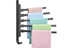 AMZJMT Porte Serviette Noir, Porte Serviettes Rotatif à 180°en Acier Inoxydable avec 5 Bras et Crochet, sans perçage pour Porte-Serviettes, Adapté pour Salle de Bain, Vestiaire et Cuisine