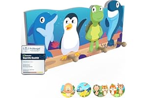 bunnyboo Children's Wooden Coat Rack with 4 Coat Hooks Children Childlike Designs Beautiful Coat Rack Children (Underwater)