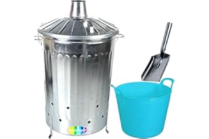 CrazyGadget® 125 Litre 125L Extra Large Galvanised Metal Incinerator Fire Burning Bin with Special Locking Lid + Ash Shovel + 42L Litre Plastic Flexi Tub (Sky Blue)