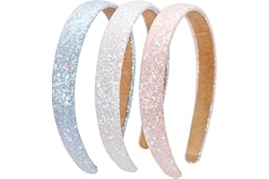 LONEEDY Confezione da 3 cerchietti per capelli con paillettes glitterate, per bambini, larghe, imbottite, alla moda, graziose, accessori quotidiani per ragazze e donne (rosa + azzurro + bianco)