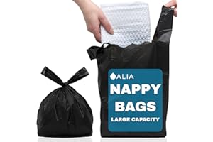 200 x ALIA | Black | Large Adult Incontinence Nappy Sacks EXTRA LARGE | Easy Tie Handles | Sanitary Disposable Bags | 2 Packs of 100