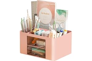 UCRAVO Office Desk Plastic Organizer with Drawer, All in One Office Supplies and Cool Desk Accessories Pen Holder, Enhance Your Decor, Desktop 5 Compartments & 2 Drawer Laddered Desk Or