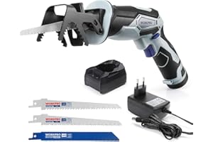 WORKPRO Sega a Gattuccio a Batteria 12V, Sega Universale con Batteria 2000mAh, Velocità Variabile, Ricarica Rapida 1 Ora, Sega a Gattuccio a Batteria con 3 Lame per Tagliare Legno, Metallo