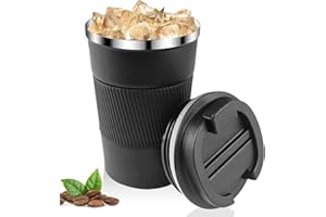 Relota Mug Isotherme Cafe 380ml Noir, Mug Isotherme Réutilisable Acier Inoxydable 304 Tasse de Voiture avec Couvercle, Café Étanche Mug de Voyage pour Café Chaud et Froid, Lait et Thé