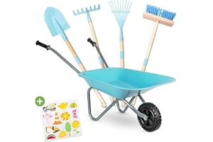 PHIBER-SPORTS Carriola per Bambini + Attrezzi da Giardino in Metallo: Pala, Scopa, Rastrello per Bambini, Rastrello + Adesivo Resistente alle Intemperie - Per Giardino, Sabbia, Spiaggia